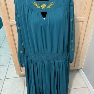 Elegant Teal Disney Dress with Yellow Embroidery